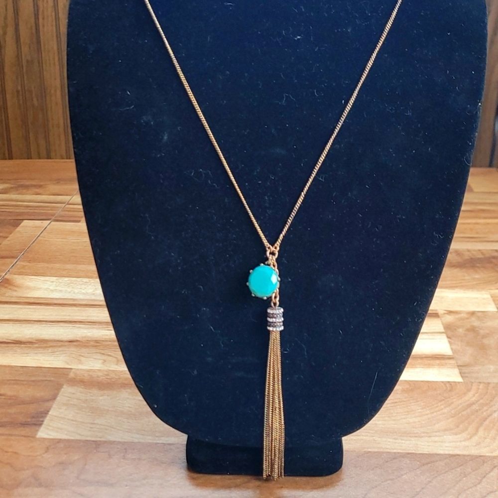 MIA Colllection Teal Gemstone Beaded Tassle Gold Tone Necklace Earrings Set